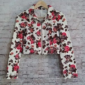 H&M Ivory Floral Cropped Denim Jacket Size 2
